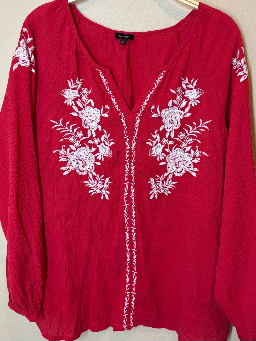 Talbots Red Embroidered V-Neck Peasant Top, XL, 100% cotton